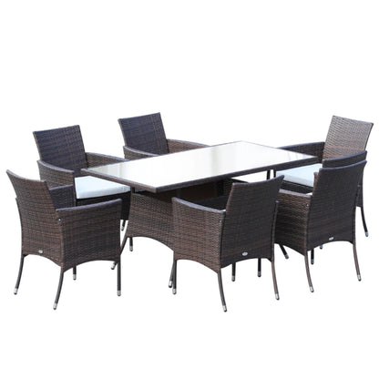 Outsunny 6 Seater Rattan Dining Set with Cushions, Rattan Garden Furniture Set with 6 Armchairs, Rectangular Glass Top Table, Outdoor Dining Table and Chairs