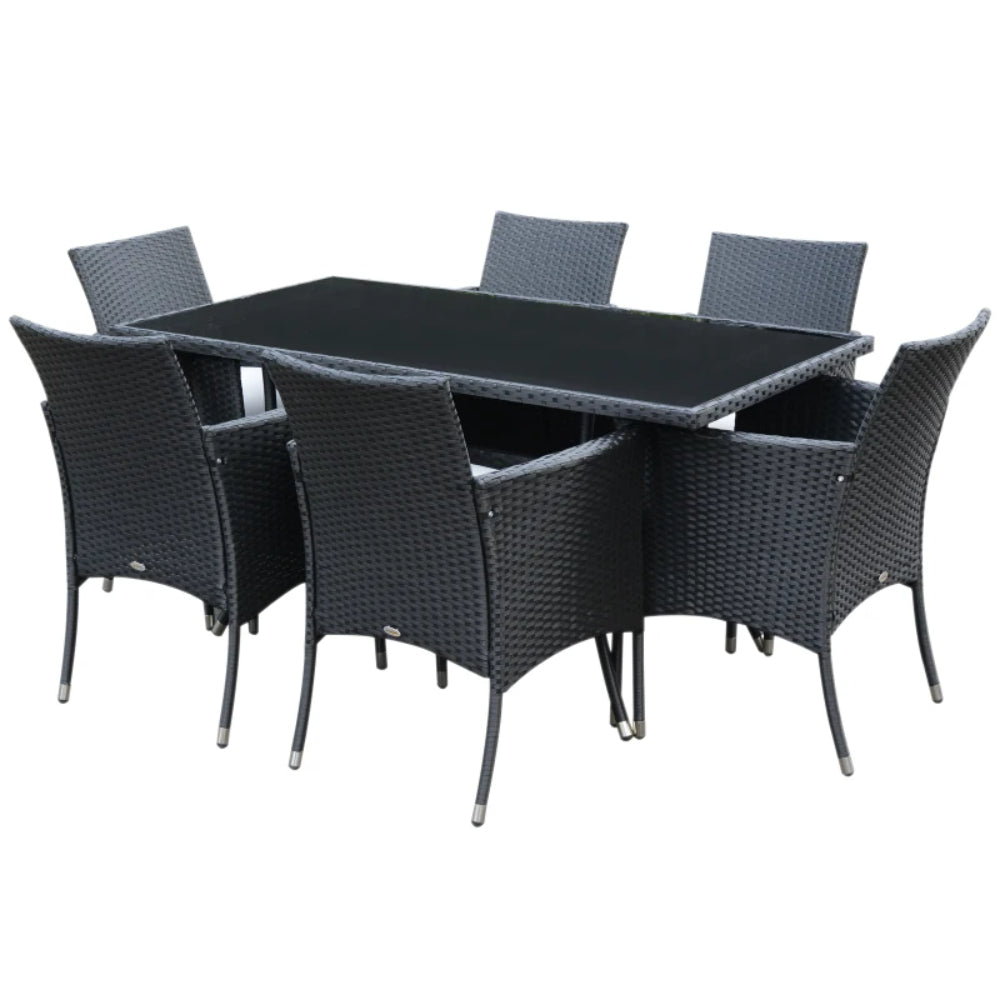 Outsunny 6 Seater Rattan Dining Set with Cushions, Rattan Garden Furniture Set with 6 Armchairs, Rectangular Glass Top Table, Outdoor Dining Table and Chairs