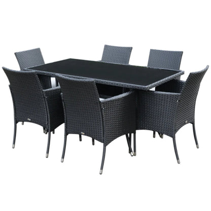 Outsunny 6 Seater Rattan Dining Set with Cushions, Rattan Garden Furniture Set with 6 Armchairs, Rectangular Glass Top Table, Outdoor Dining Table and Chairs