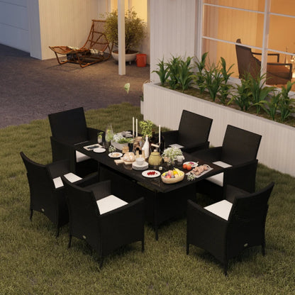 Outsunny 6 Seater Rattan Dining Set with Cushions, Rattan Garden Furniture Set with 6 Armchairs, Rectangular Glass Top Table, Outdoor Dining Table and Chairs