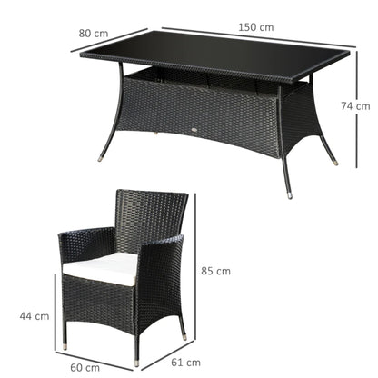 Outsunny 6 Seater Rattan Dining Set with Cushions, Rattan Garden Furniture Set with 6 Armchairs, Rectangular Glass Top Table, Outdoor Dining Table and Chairs