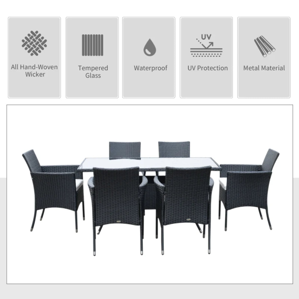 Outsunny 6 Seater Rattan Dining Set with Cushions, Rattan Garden Furniture Set with 6 Armchairs, Rectangular Glass Top Table, Outdoor Dining Table and Chairs