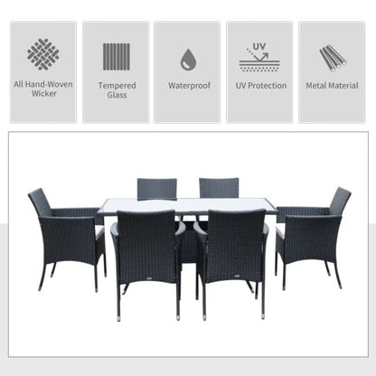 Outsunny 6 Seater Rattan Dining Set with Cushions, Rattan Garden Furniture Set with 6 Armchairs, Rectangular Glass Top Table, Outdoor Dining Table and Chairs