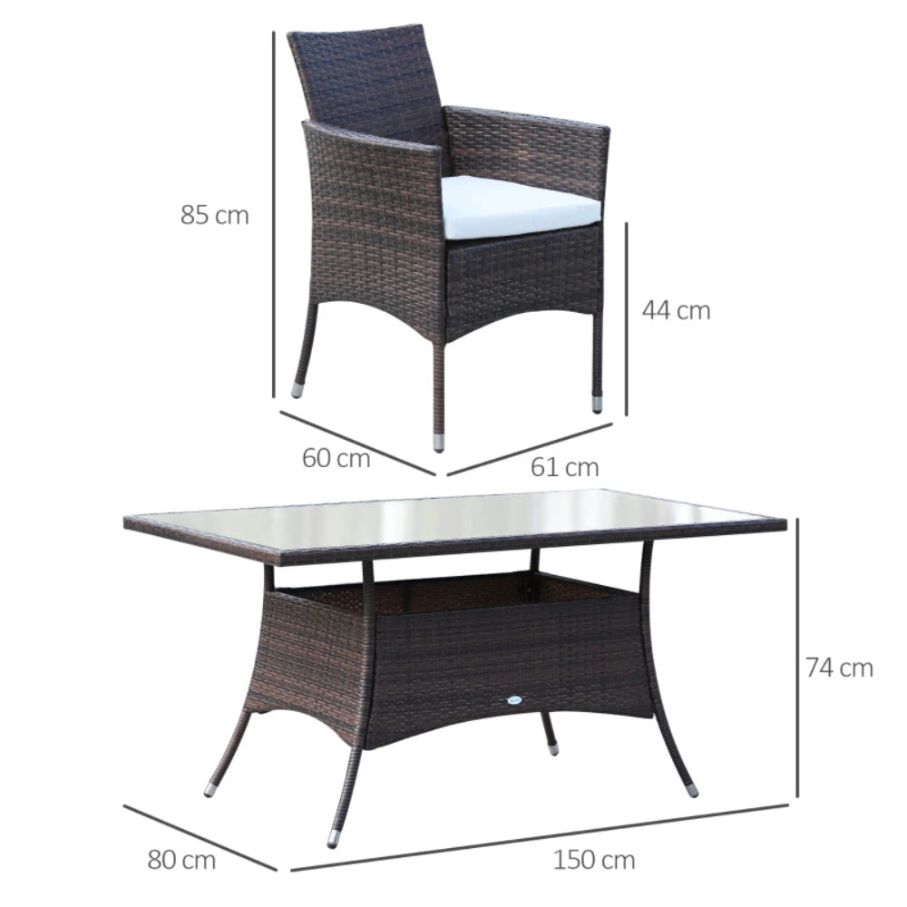 Outsunny 6 Seater Rattan Dining Set with Cushions, Rattan Garden Furniture Set with 6 Armchairs, Rectangular Glass Top Table, Outdoor Dining Table and Chairs