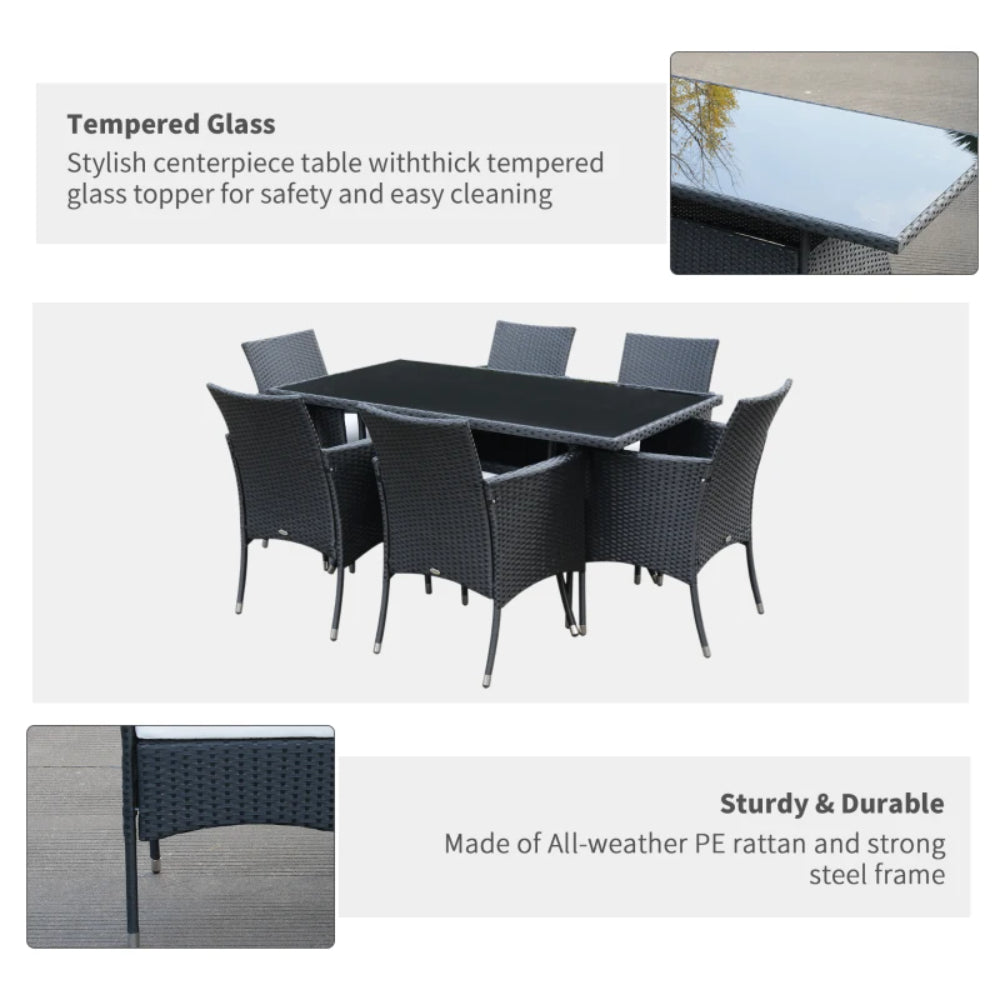 Outsunny 6 Seater Rattan Dining Set with Cushions, Rattan Garden Furniture Set with 6 Armchairs, Rectangular Glass Top Table, Outdoor Dining Table and Chairs