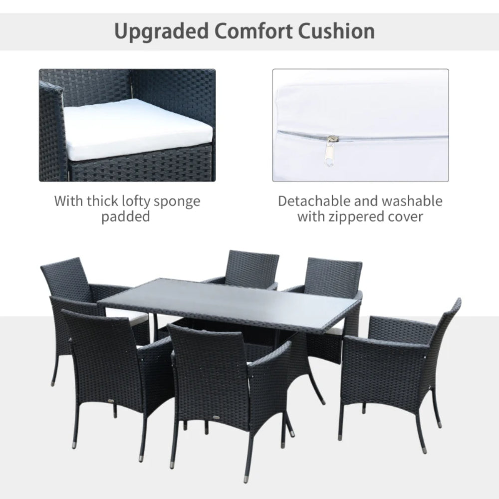 Outsunny 6 Seater Rattan Dining Set with Cushions, Rattan Garden Furniture Set with 6 Armchairs, Rectangular Glass Top Table, Outdoor Dining Table and Chairs