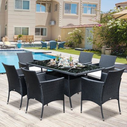 Outsunny 6 Seater Rattan Dining Set with Cushions, Rattan Garden Furniture Set with 6 Armchairs, Rectangular Glass Top Table, Outdoor Dining Table and Chairs