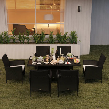 Outsunny 6 Seater Rattan Dining Set with Cushions, Rattan Garden Furniture Set with 6 Armchairs, Rectangular Glass Top Table, Outdoor Dining Table and Chairs