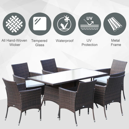 Outsunny 6 Seater Rattan Dining Set with Cushions, Rattan Garden Furniture Set with 6 Armchairs, Rectangular Glass Top Table, Outdoor Dining Table and Chairs