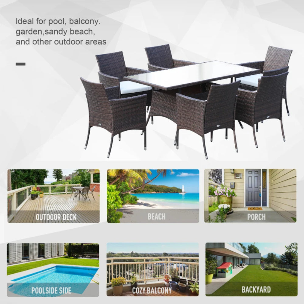 Outsunny 6 Seater Rattan Dining Set with Cushions, Rattan Garden Furniture Set with 6 Armchairs, Rectangular Glass Top Table, Outdoor Dining Table and Chairs