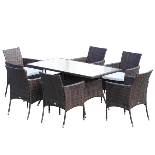 Outsunny 6 Seater Rattan Dining Set with Cushions, Rattan Garden Furniture Set with 6 Armchairs, Rectangular Glass Top Table, Outdoor Dining Table and Chairs