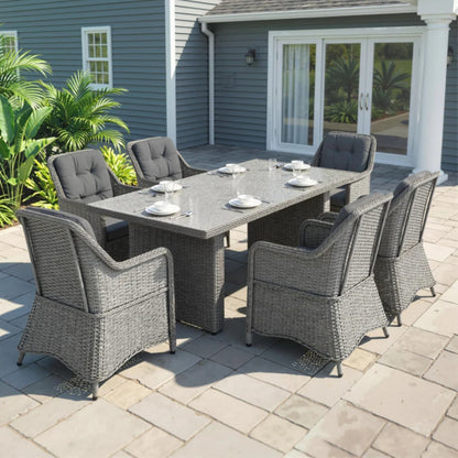 Outsunny 6 Seater Rattan Garden Dining Set with Cushions, Aluminium Outdoor Patio Furniture Set for Garden Gatherings & Outdoor Dining, Mixed Grey