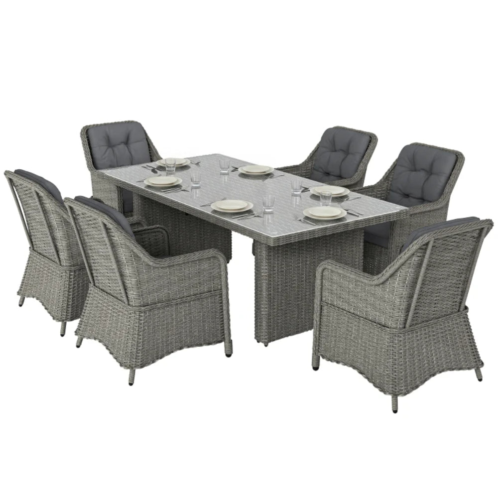 Outsunny 6 Seater Rattan Garden Dining Set with Cushions, Aluminium Outdoor Patio Furniture Set for Garden Gatherings & Outdoor Dining, Mixed Grey