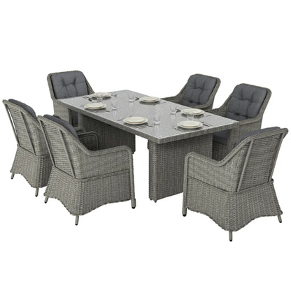Outsunny 6 Seater Rattan Garden Dining Set with Cushions, Aluminium Outdoor Patio Furniture Set for Garden Gatherings & Outdoor Dining, Mixed Grey