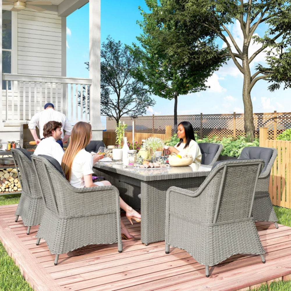 Outsunny 6 Seater Rattan Garden Dining Set with Cushions, Aluminium Outdoor Patio Furniture Set for Garden Gatherings & Outdoor Dining, Mixed Grey