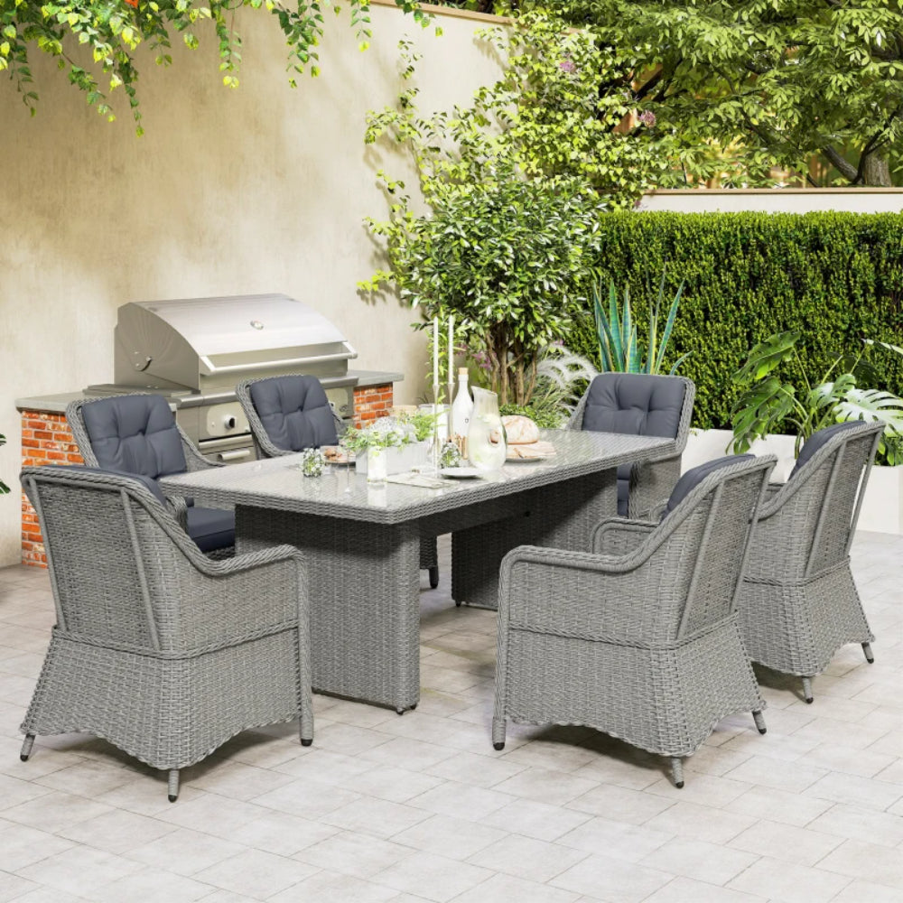 Outsunny 6 Seater Rattan Garden Dining Set with Cushions, Aluminium Outdoor Patio Furniture Set for Garden Gatherings & Outdoor Dining, Mixed Grey