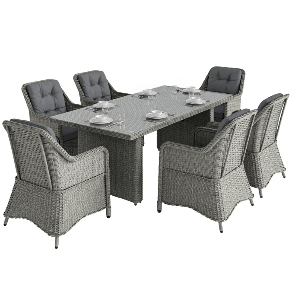 Outsunny 6 Seater Rattan Garden Dining Set with Cushions, Aluminium Outdoor Patio Furniture Set for Garden Gatherings & Outdoor Dining, Mixed Grey