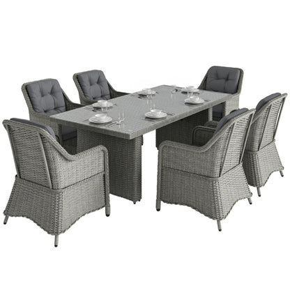 Outsunny 6 Seater Rattan Garden Dining Set with Cushions, Aluminium Outdoor Patio Furniture Set for Garden Gatherings & Outdoor Dining, Mixed Grey