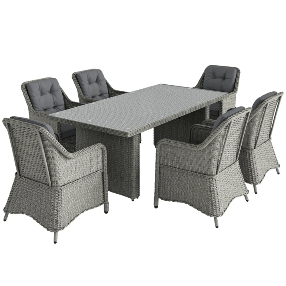 Outsunny 6 Seater Rattan Garden Dining Set with Cushions, Aluminium Outdoor Patio Furniture Set for Garden Gatherings & Outdoor Dining, Mixed Grey