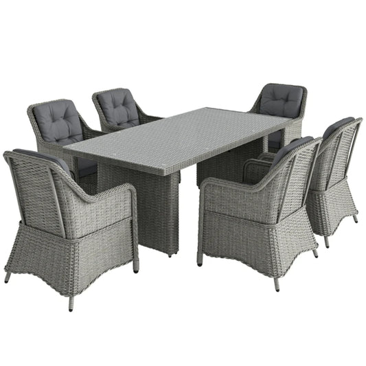 Outsunny 6 Seater Rattan Garden Dining Set with Cushions, Aluminium Outdoor Patio Furniture Set for Garden Gatherings & Outdoor Dining, Mixed Grey