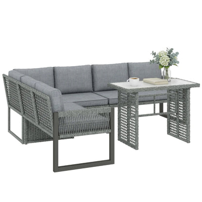 Outsunny 6 Seater Rattan Garden Furniture Set with 3 Loveseats, Table, Patio Rattan Corner Sofa Set, Grey