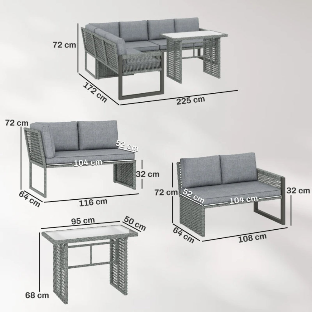 Outsunny 6 Seater Rattan Garden Furniture Set with 3 Loveseats, Table, Patio Rattan Corner Sofa Set, Grey