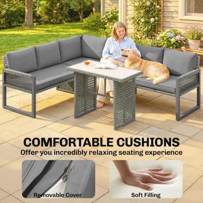 Outsunny 6 Seater Rattan Garden Furniture Set with 3 Loveseats, Table, Patio Rattan Corner Sofa Set, Grey