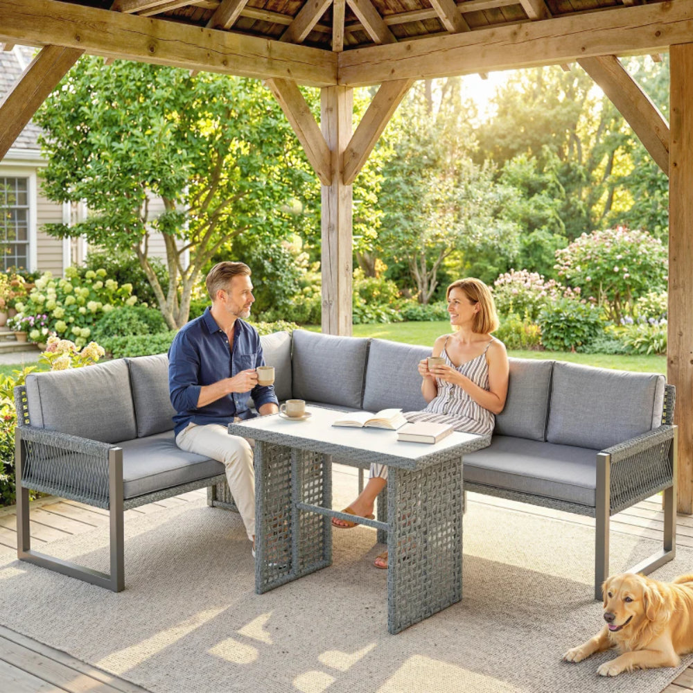 Outsunny 6 Seater Rattan Garden Furniture Set with 3 Loveseats, Table, Patio Rattan Corner Sofa Set, Grey
