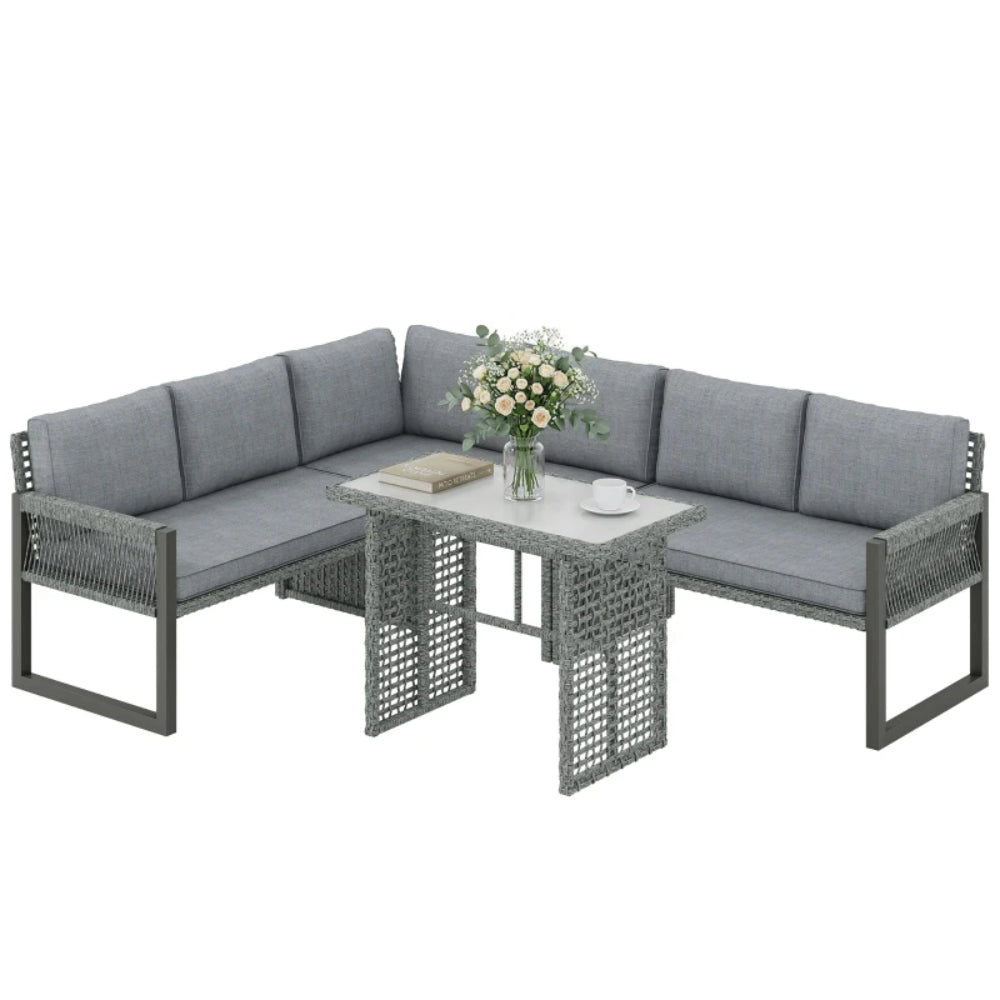Outsunny 6 Seater Rattan Garden Furniture Set with 3 Loveseats, Table, Patio Rattan Corner Sofa Set, Grey