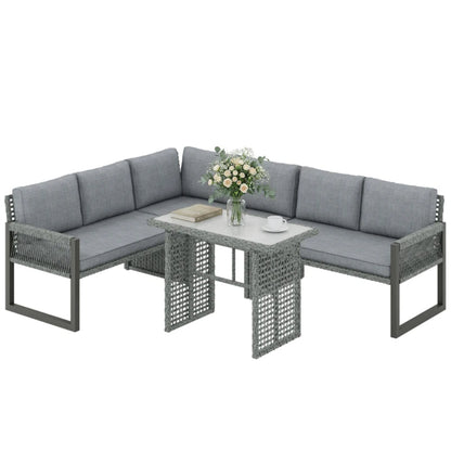 Outsunny 6 Seater Rattan Garden Furniture Set with 3 Loveseats, Table, Patio Rattan Corner Sofa Set, Grey