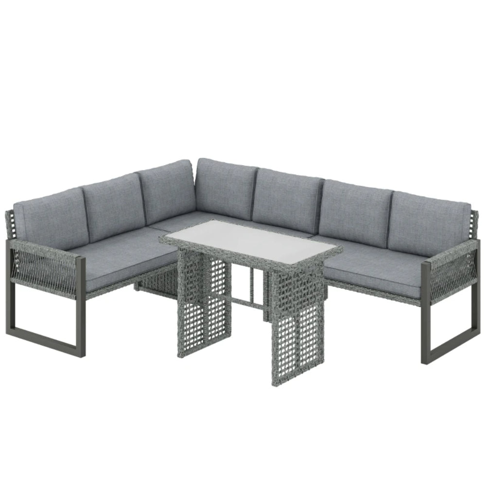 Outsunny 6 Seater Rattan Garden Furniture Set with 3 Loveseats, Table, Patio Rattan Corner Sofa Set, Grey