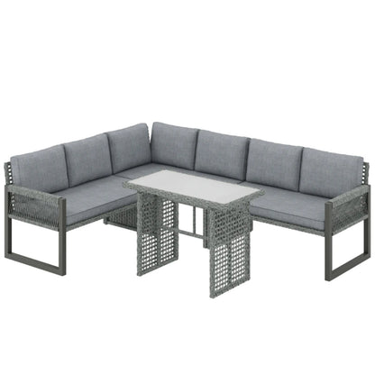 Outsunny 6 Seater Rattan Garden Furniture Set with 3 Loveseats, Table, Patio Rattan Corner Sofa Set, Grey