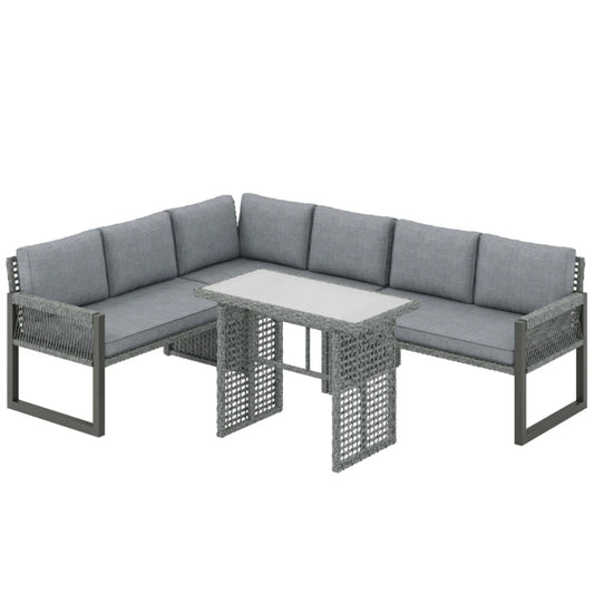 Outsunny 6 Seater Rattan Garden Furniture Set with 3 Loveseats, Table, Patio Rattan Corner Sofa Set, Grey