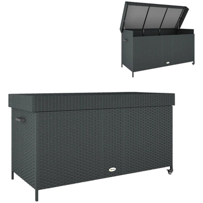 Outsunny 627L Rattan Storage Box with 2 Brake Wheels - Black