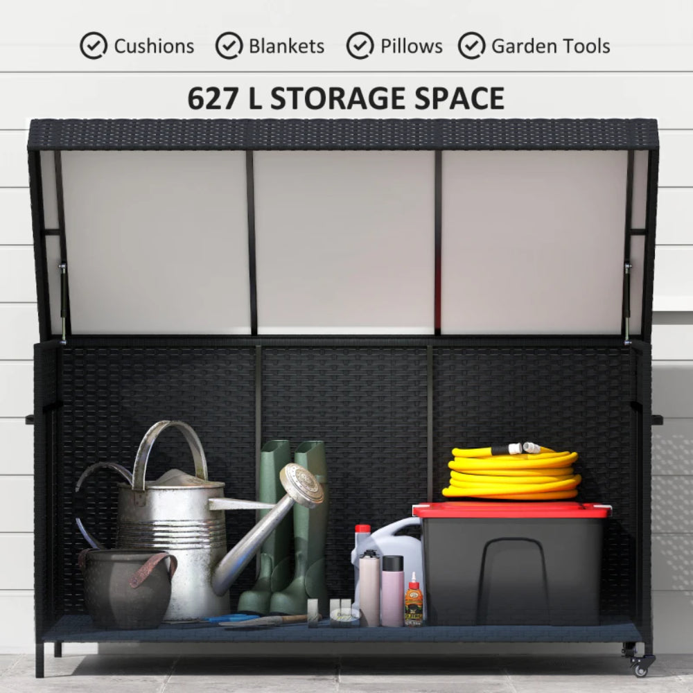 Outsunny 627L Rattan Storage Box with 2 Brake Wheels - Black