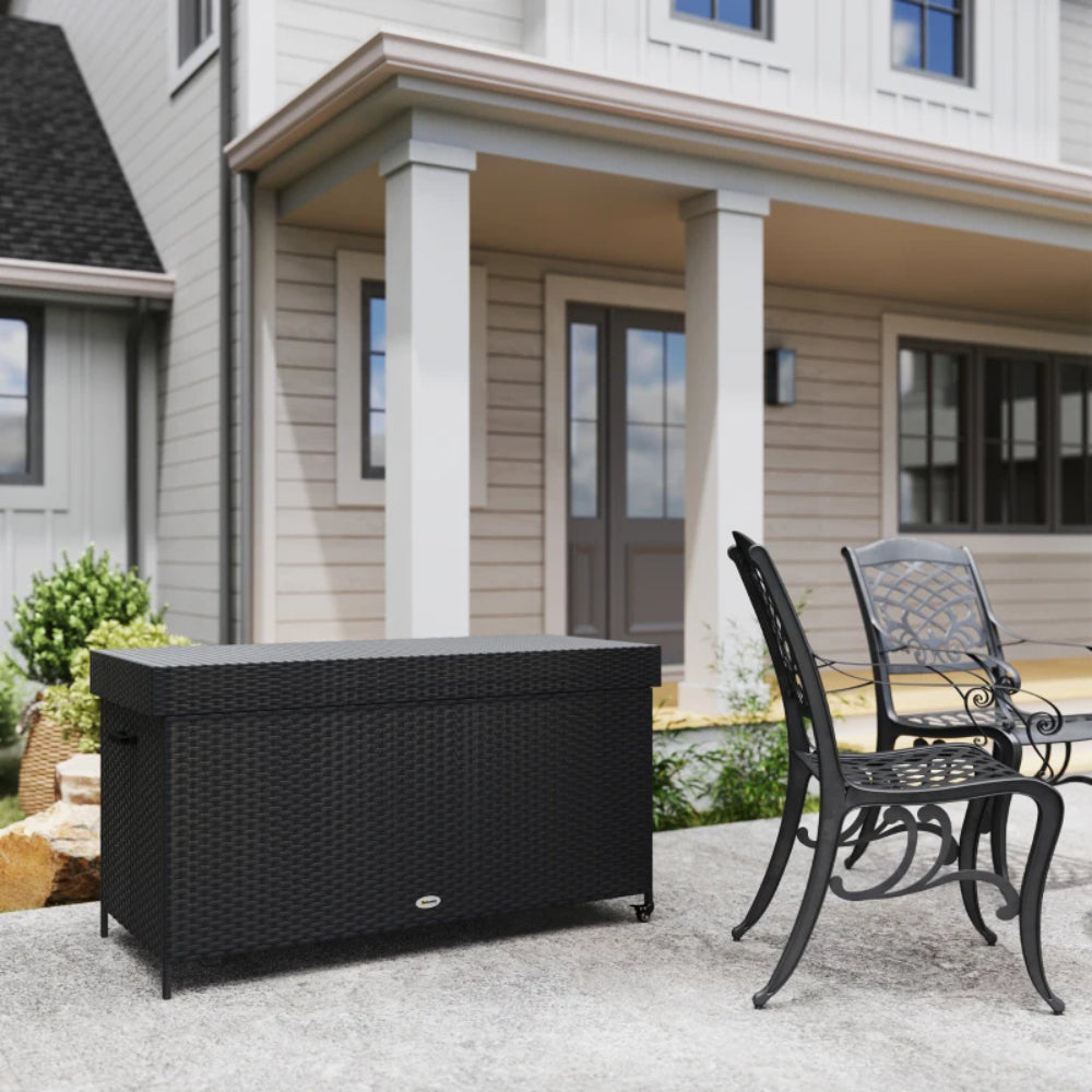 Outsunny 627L Rattan Storage Box with 2 Brake Wheels - Black