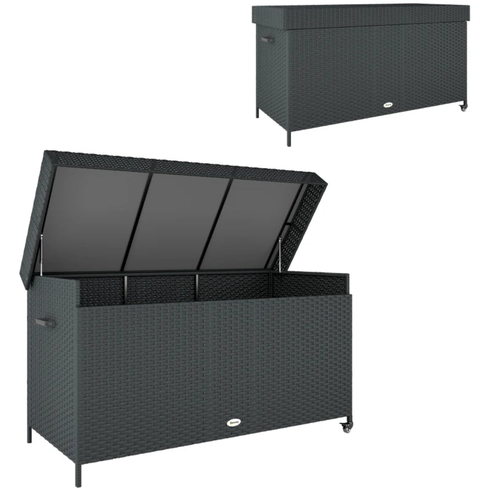 Outsunny 627L Rattan Storage Box with 2 Brake Wheels - Black