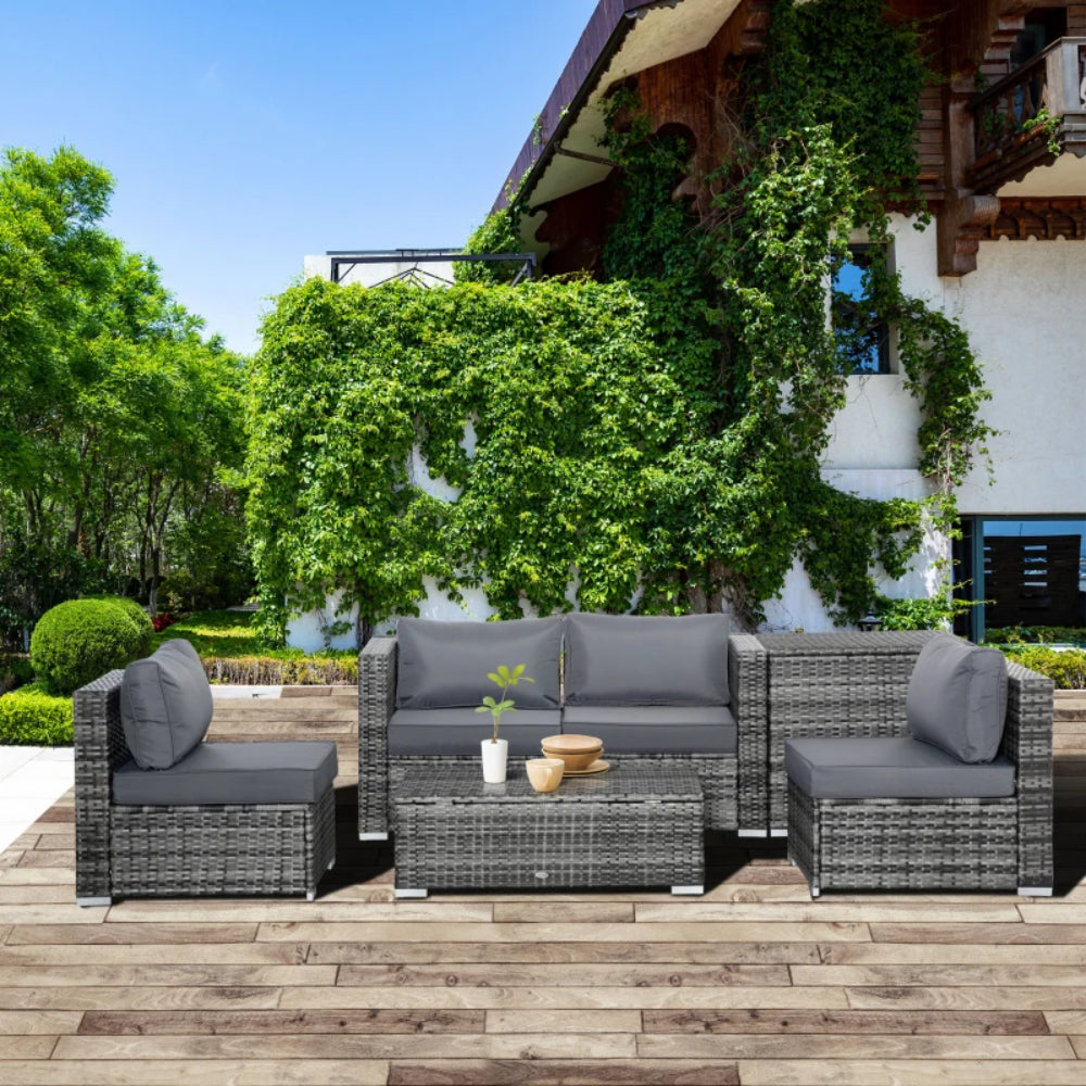 Outsunny 6PC Rattan Corner Sofa Set Wicker 4 Seater Garden Storage Coffee Table Conversation Ottoman Outdoor Weave Furniture w/ Cushion Grey
