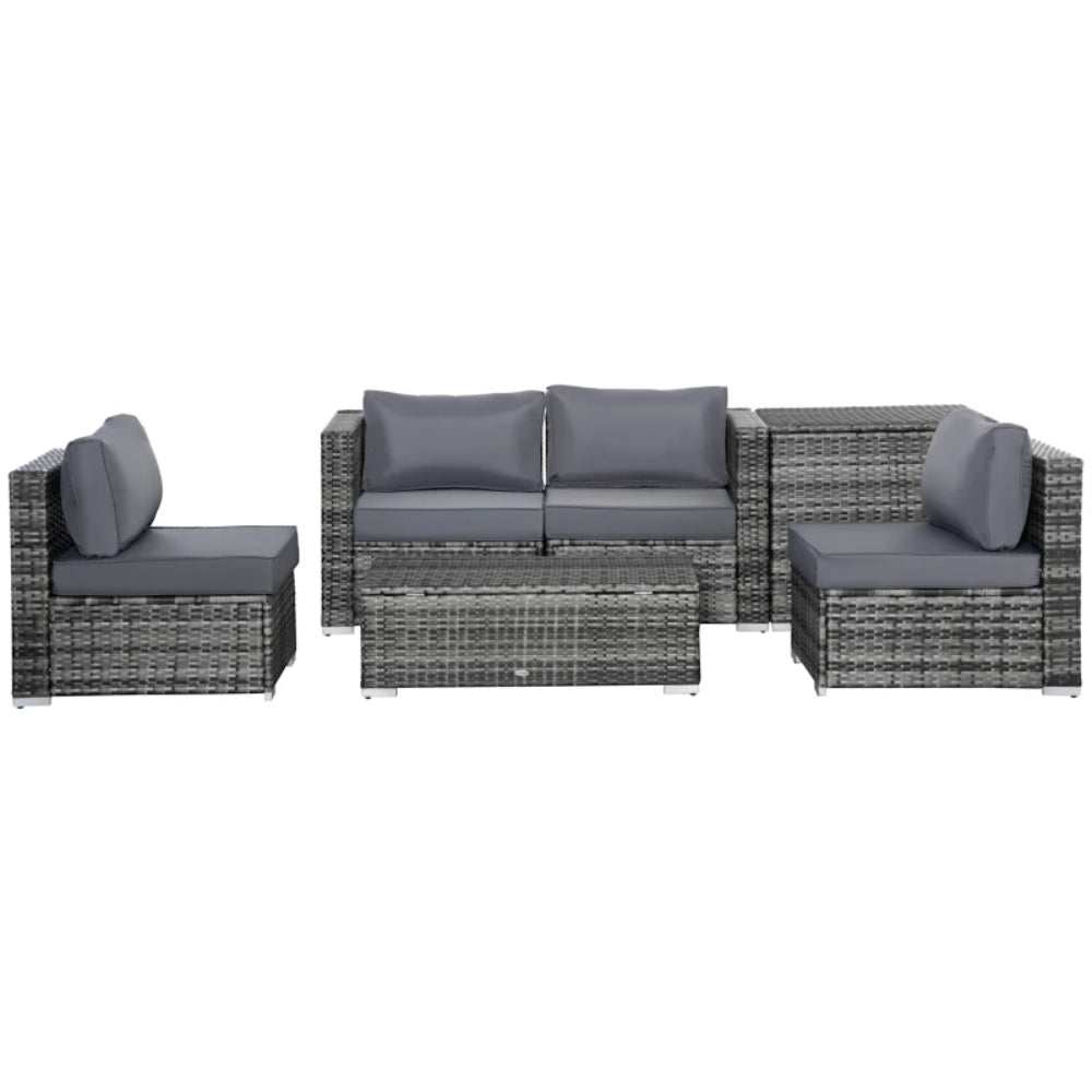 Outsunny 6PC Rattan Corner Sofa Set Wicker 4 Seater Garden Storage Coffee Table Conversation Ottoman Outdoor Weave Furniture w/ Cushion Grey