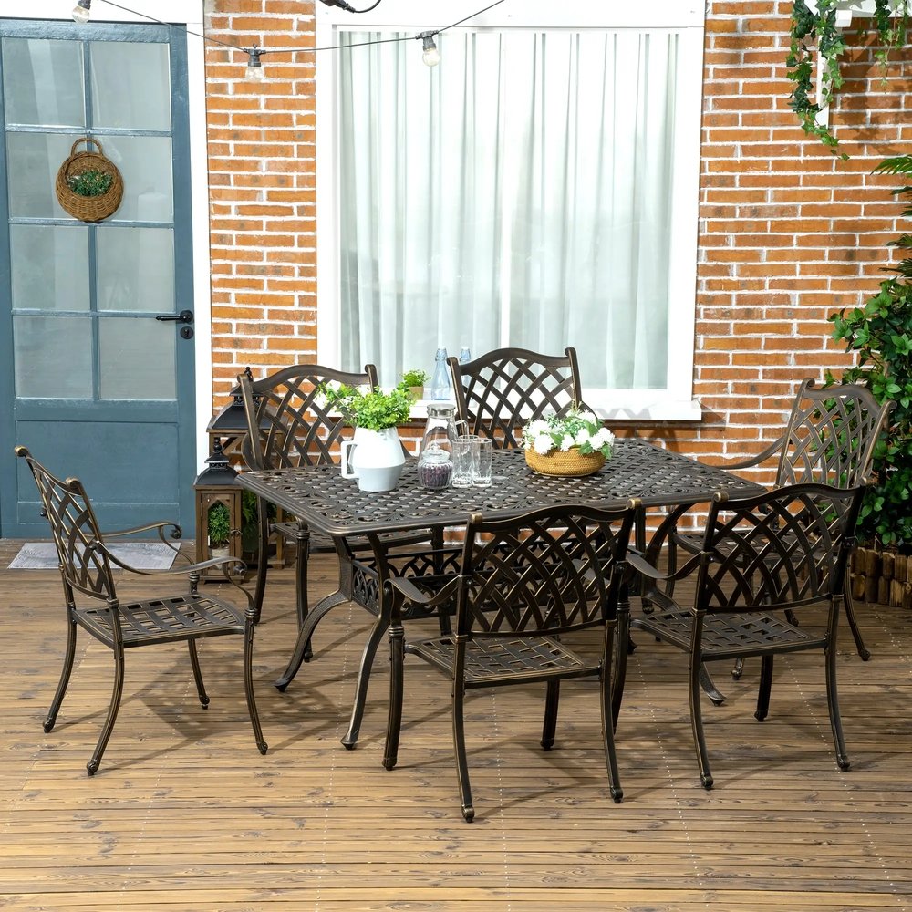 Outsunny 7 PCs Garden Patio Dining Set with Parasol Hole, Cast Aluminium Outdoor Furniture Set with Six Cushioned Chairs and Rectangle Dining Table, for Garden, Lawn, Deck, Bronze Tone 1