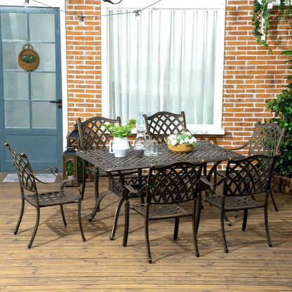 Outsunny 7 PCs Garden Patio Dining Set with Parasol Hole, Cast Aluminium Outdoor Furniture Set with Six Cushioned Chairs and Rectangle Dining Table, for Garden, Lawn, Deck, Bronze Tone 1