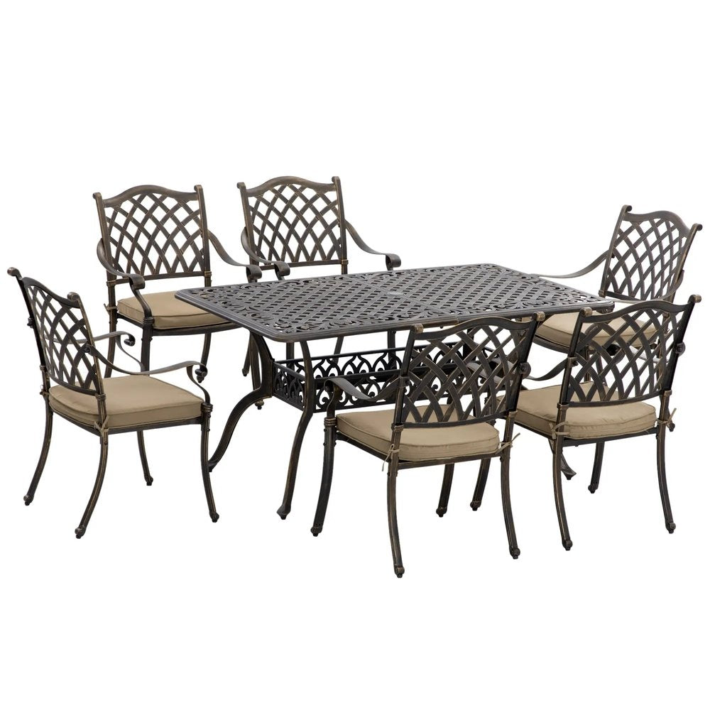 Outsunny 7 PCs Garden Patio Dining Set with Parasol Hole, Cast Aluminium Outdoor Furniture Set with Six Cushioned Chairs and Rectangle Dining Table, for Garden, Lawn, Deck, Bronze Tone 10