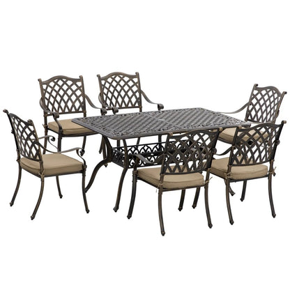 Outsunny 7 PCs Garden Patio Dining Set with Parasol Hole, Cast Aluminium Outdoor Furniture Set with Six Cushioned Chairs and Rectangle Dining Table, for Garden, Lawn, Deck, Bronze Tone 10