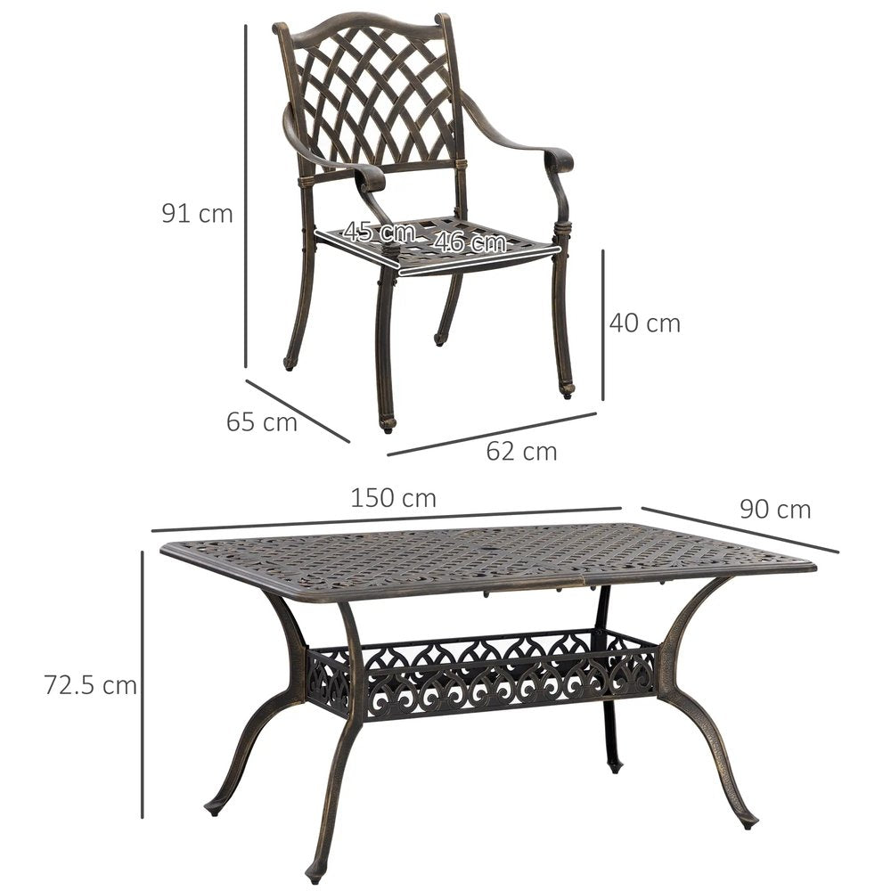 Outsunny 7 PCs Garden Patio Dining Set with Parasol Hole, Cast Aluminium Outdoor Furniture Set with Six Cushioned Chairs and Rectangle Dining Table, for Garden, Lawn, Deck, Bronze Tone 2