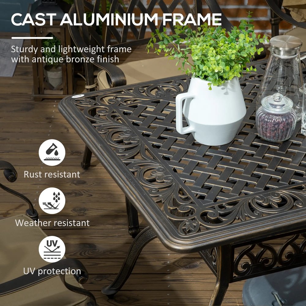 Outsunny 7 PCs Garden Patio Dining Set with Parasol Hole, Cast Aluminium Outdoor Furniture Set with Six Cushioned Chairs and Rectangle Dining Table, for Garden, Lawn, Deck, Bronze Tone 3