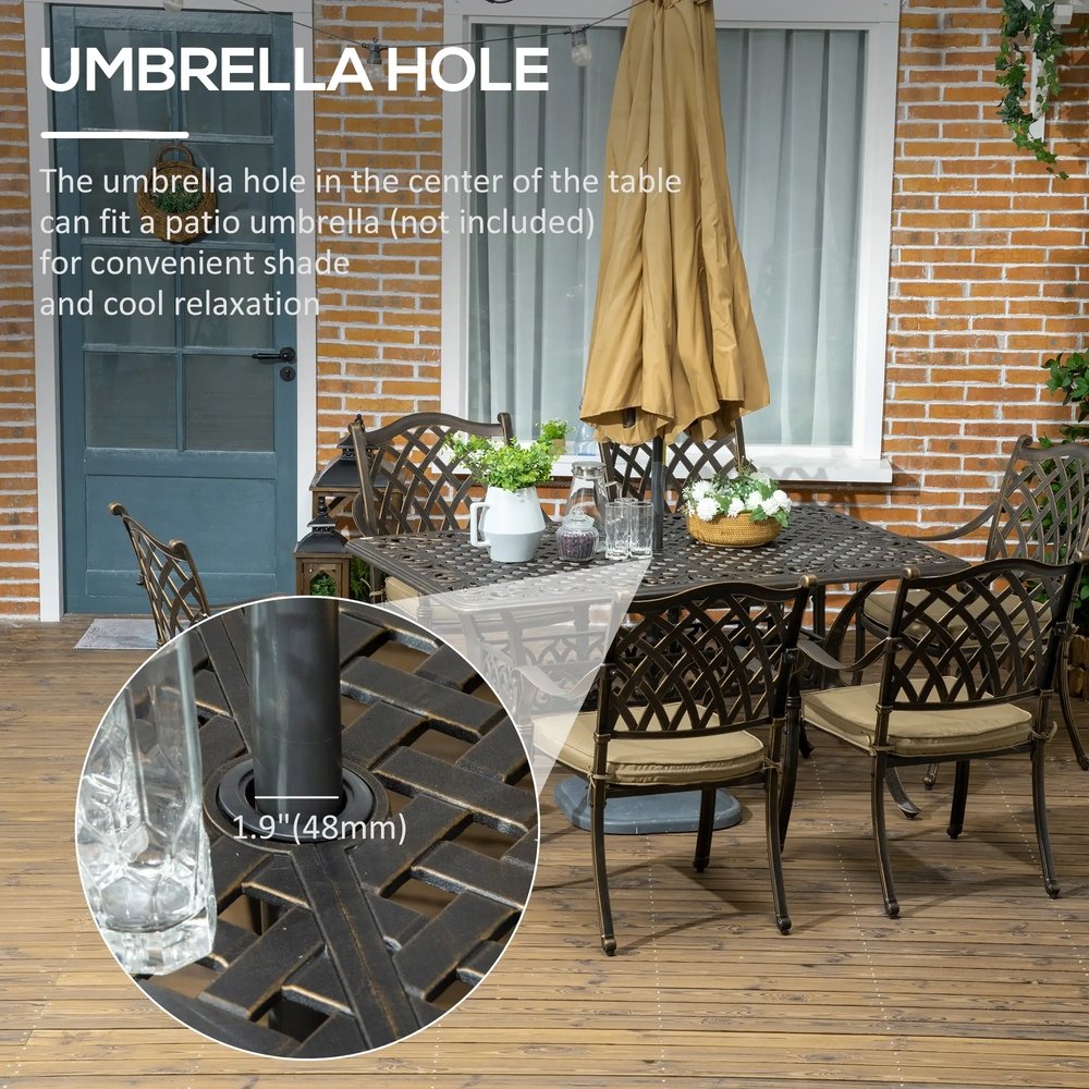 Outsunny 7 PCs Garden Patio Dining Set with Parasol Hole, Cast Aluminium Outdoor Furniture Set with Six Cushioned Chairs and Rectangle Dining Table, for Garden, Lawn, Deck, Bronze Tone 4