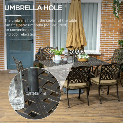 Outsunny 7 PCs Garden Patio Dining Set with Parasol Hole, Cast Aluminium Outdoor Furniture Set with Six Cushioned Chairs and Rectangle Dining Table, for Garden, Lawn, Deck, Bronze Tone 4