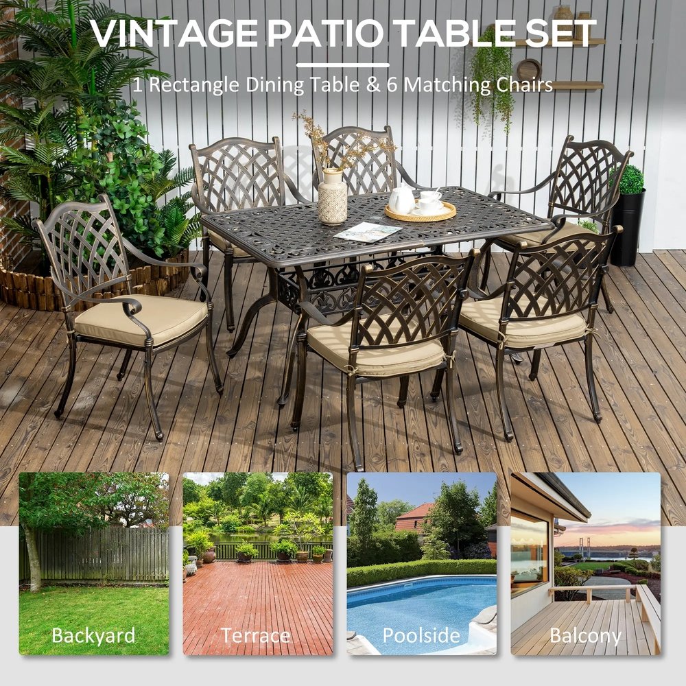 Outsunny 7 PCs Garden Patio Dining Set with Parasol Hole, Cast Aluminium Outdoor Furniture Set with Six Cushioned Chairs and Rectangle Dining Table, for Garden, Lawn, Deck, Bronze Tone 5