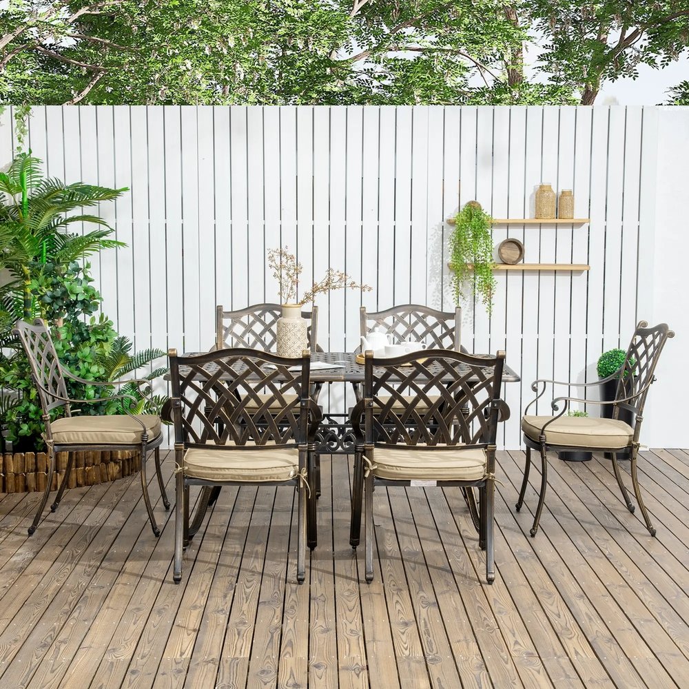 Outsunny 7 PCs Garden Patio Dining Set with Parasol Hole, Cast Aluminium Outdoor Furniture Set with Six Cushioned Chairs and Rectangle Dining Table, for Garden, Lawn, Deck, Bronze Tone 9