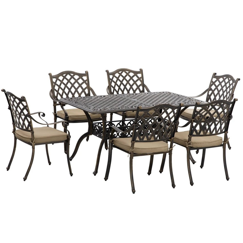 Outsunny 7 PCs Garden Patio Dining Set with Parasol Hole, Cast Aluminium Outdoor Furniture Set with Six Cushioned Chairs and Rectangle Dining Table, for Garden, Lawn, Deck, Bronze Tone 